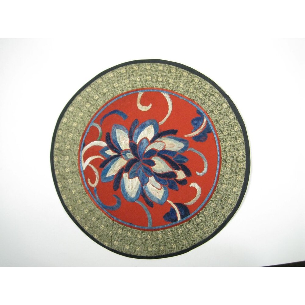 Vintage Asian Chinese Embroidered Silk Art Floral Panel Handmade Textile Round